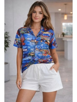 Defy Moda Deniz Temalı Desenli Kısa Kol Gömlek Şort Takım Yazlık Rahat Kalıp - Desenli