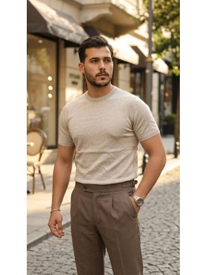 Erkek Basic Bisiklet Yaka Kısa Kollu Triko Tişört - %100 Pamuk Akrilik