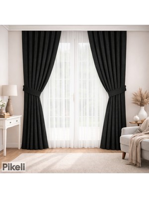 Pikeli Ada Kanat Fon - 1/3 Sık Pileli - Kadife Dokulu - Tek Kanat - Siyah Renk