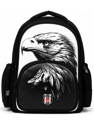 Beşiktaş Lisanslı 3 Bölmeli Kartal Desenli Okul Çantası - Rubber Logolu Su Itici Kumaşlı Okul Sırt Çantası