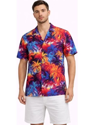 Defy Moda Erkek Tropikal Desenli Kısa Kol Gömlek Rahat Kalıp Yazlık Hawaii Tarz - Desenli