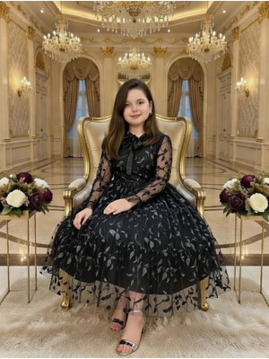 Bes Trend Kız Çocuk Dantelli Yaprak Desenli Tam Boy Abiye Elbise