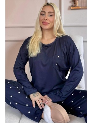Pijama Evi Lacivert Kalp Desenli Bambu Uzun Kol Kadın Pijama Takımı