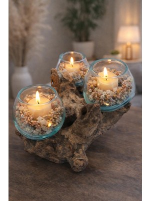 "doğal Kütük Gövdeli Üçlü Cam Mumluk & Dekoratif Şamdan