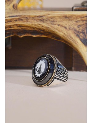 Innuendo Jewelry Osmanlı Tuğralı Siyah Taş Işlemeli Erkek Yüzük