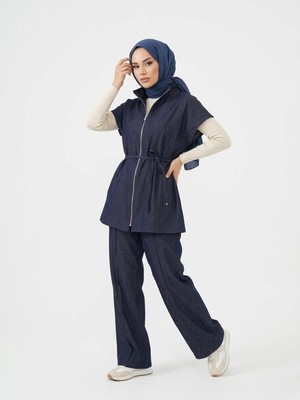 Foremia Yelek Fermuar Detay Pantolon Çımalı Takım-Lacivert -
