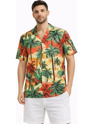 Defy Moda Erkek Hawaii Tarz Tropikal Palmiye Desenli Kısa Kol Gömlek Rahat Kalıp Yazlık - Desenli