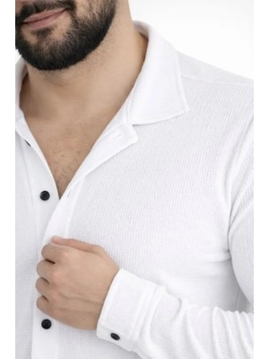 Defy Moda Erkek Waffle Kumaş Uzun Kollu Düğmeli Açık Yaka Regular Fit Gömlek - Beyaz