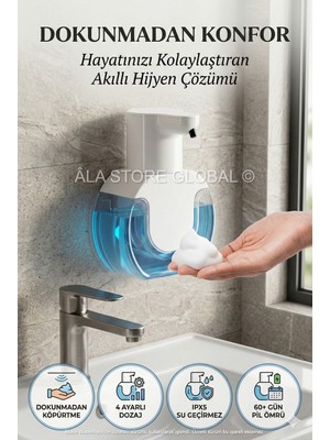 Playtronik Şarj Edilebilir Akıllı Sensörlü Sıvı Köpük Sabunluk - 4 Kademeli Temassız Duvara Monte Edilebilir