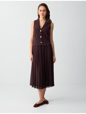 Jimmy Key Acı Kahve Düğme Detaylı V Yaka Kolsuz Örme Midi Elbise