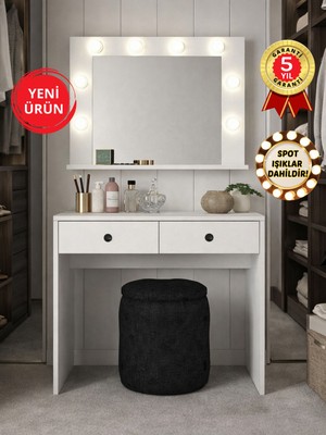 Dorpek Apros Işıklı Aynalı Holywood Makyaj Masası, Takı Aksesuar Düzenleyici & Kulis Makyaj Masası Beyaz