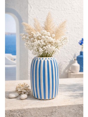 The Mark Decor Akdeniz Stil Beyaz Mavi Çizgili Dekoratif Vazo – El Yapımı Bohem Ev & Salon Dekorasyonu