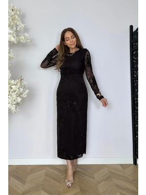 G1789 Flok Baskı Drape Detaylı Elbise Kahverengi