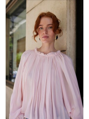 Fast Perry Yakası Büzgülü Bluz -Toz Pembe