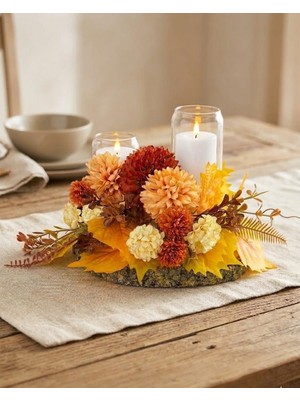 Paketa Doğal Kütük Altlıklı Çiçek Arajmanı  -Şamdan