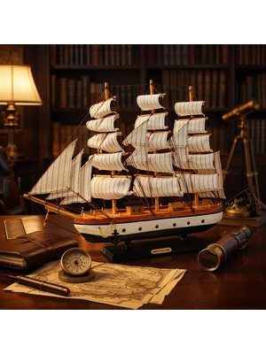 Hediye Filesi Mega Boy 50 x 50 cm El Yapımı Ahşap Yelkenli Gemi Maketi – Vıp Premium Hediye 533-C