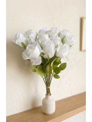 Yasima 12LI Tek Dal Beyaz Islak Dokulu Gül Buketi 40 cm