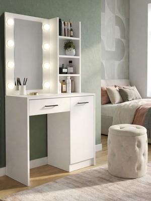 Dorpek Rendos Işıklı Aynalı Holywood Makyaj Masası, Çekmeceli, Raflı & Dolaplı Makyaj Masası Beyaz