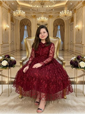 Bes Trend Kız Çocuk Dantelli Yaprak Desenli Tam Boy Abiye Elbise