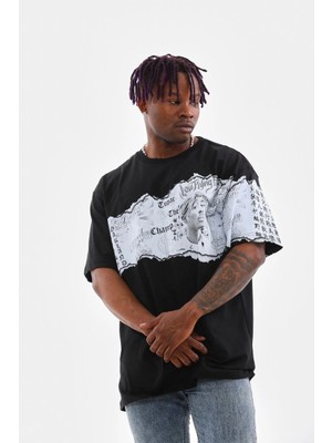 Freedom Bisiklet Yaka Baskılı Oversize T-Shirt - Siyah -
