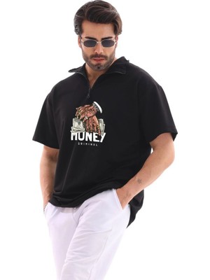 Freedom Yarım Fermuarlı Oversize Baskılı T-Shirt - Siyah -