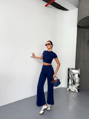 Freedom Osy Modal Yumuşak Dokulu Kumaş Kısa Kollu Crop Alt Ispanyol Paça Pantalon Ikili Takım - Lacivert -