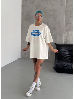 Freedom Bisiklet Yaka Baskılı Oversize T-Shirt - Beyaz -