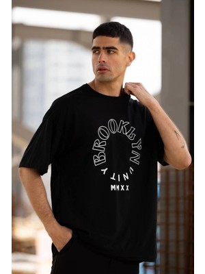 Freedom Bisiklet Yaka Baskılı Oversize T-Shirt - Siyah -