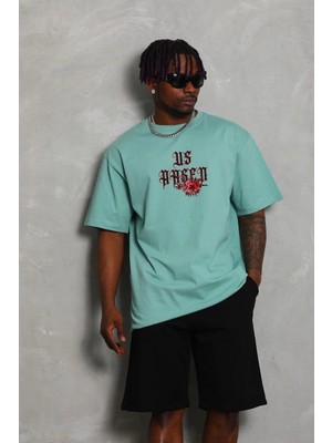 Freedom Oversize Baskılı Bisiklet Yaka T-Shirt - Mint Yeşili