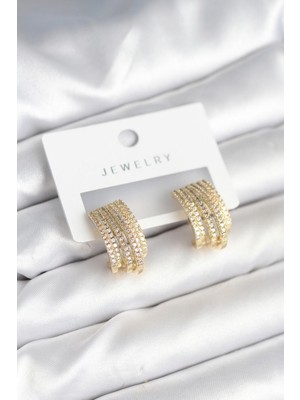 Ebijuteri Zirkon Taşlı Şerit Model Gold Renk Pirinç Kadın Küpe