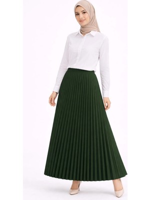 Freedom Tesettür Beyaz Gömlekli Pliseli Etek Ikili Takım Gündelik ve Ofis Şıklığı - Çağla Yeşili