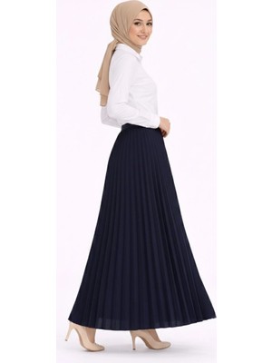 Freedom Tesettür Beyaz Gömlekli Pliseli Etek Ikili Takım Gündelik ve Ofis Şıklığı - Lacivert