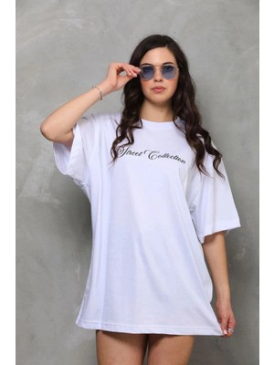 Freedom Kadın Kısa Kol Yazlık Tişört Bisiklet Yaka Baskılı Oversize T-Shirt - Beyaz