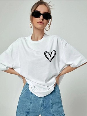 Freedom Bisiklet Yaka Baskılı Oversize T-Shirt - Beyaz -