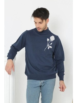 Freedom Erkek Yarım Bağazlı Kazak Baskılı Dokuma Triko - Lacivert