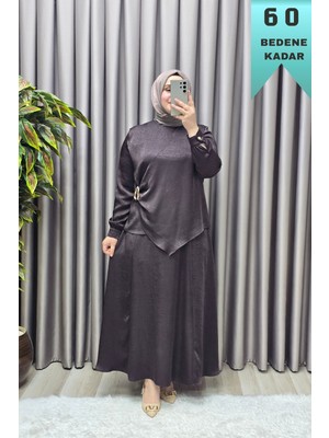 Elmas Tesettür Kadın Giyim Büyük Beden Tokalı Saten Battal Etekli Takım