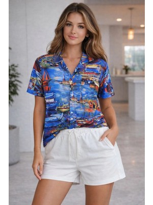 Freedom Kadın Deniz Temalı Desenli Kısa Kol Gömlek Şort Takım Yazlık Rahat Kalıp - Desenli