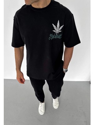 Freedom Bisiklet Yaka Baskılı Oversize T-Shirt - Siyah -