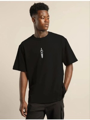 Freedom Bisiklet Yaka Baskılı Oversize T-Shirt - Siyah -