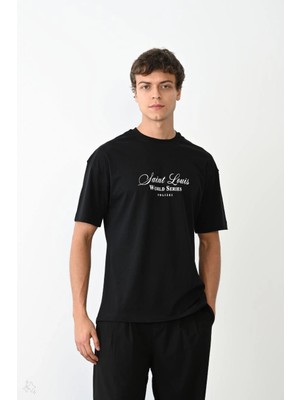 Freedom Bisiklet Yaka Baskılı Oversize T-Shirt - Siyah -