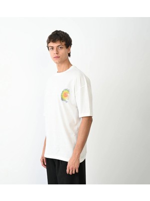 Freedom Bisiklet Yaka Baskılı Oversize T-Shirt - Beyaz -