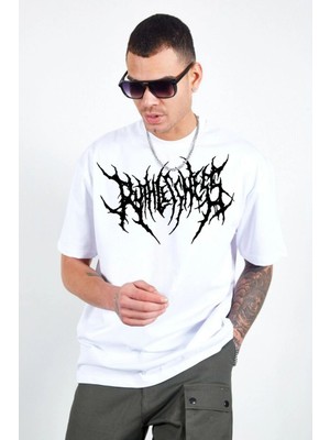 Freedom Bisiklet Yaka Baskılı Oversize T-Shirt - Beyaz -