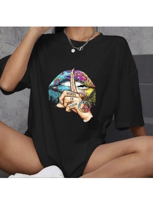 Freedom Bisiklet Yaka Baskılı Oversize T-Shirt - Siyah -