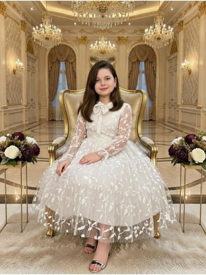 Bes Trend Kız Çocuk Dantelli Yaprak Desenli Tam Boy Abiye Elbise