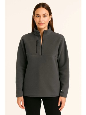 Freedom Polar Kazak – Dik Yaka, Yarım Fermuarlı, Fermuarlı Göğüs Cepli, Siyah Biyeli, Kışlık Rahat Regular Fit Günlük Model - Füme