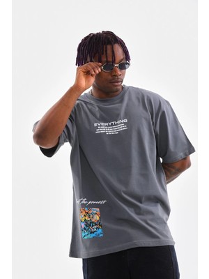 Freedom Bisiklet Yaka Baskılı Oversize T-Shirt - Gri -