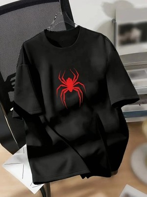 Freedom 20/1 Penye Compack Spider Baskılı Oversize   Kısa Kol Yazlık T-Shirt - Siyah -