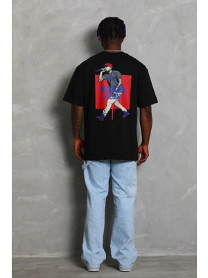 Freedom Oversize Baskılı Bisiklet Yaka T-Shirt - Siyah -