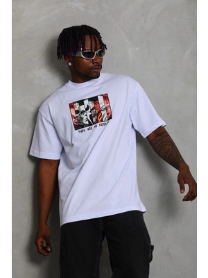 Freedom Oversize Baskılı Bisiklet Yaka T-Shirt - Beyaz -