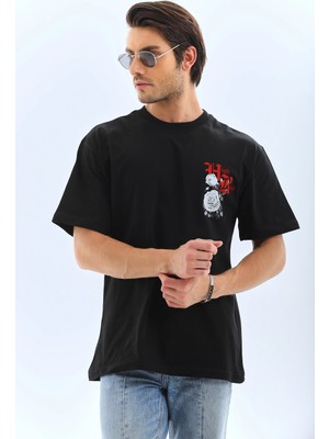 Freedom Oversize Baskılı Bisiklet Yaka T-Shirt - Siyah -